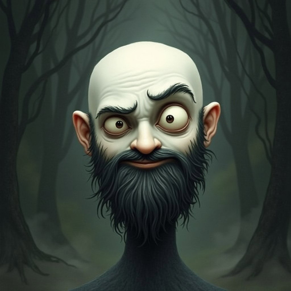 A whimsical Tim Burton style illustration of a pale white bald man with a dark black and gray beard