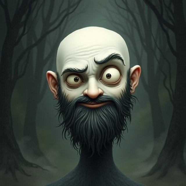 A whimsical Tim Burton style illustration of a pale white bald man with a dark black and gray beard