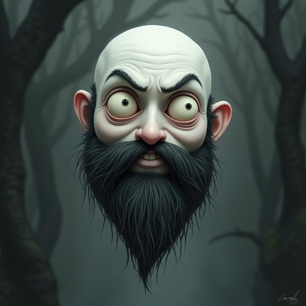 A whimsical Tim Burton style illustration of a pale white bald man with a dark black and gray beard