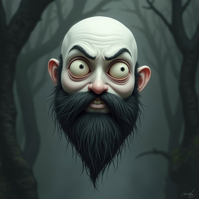 A whimsical Tim Burton style illustration of a pale white bald man with a dark black and gray beard