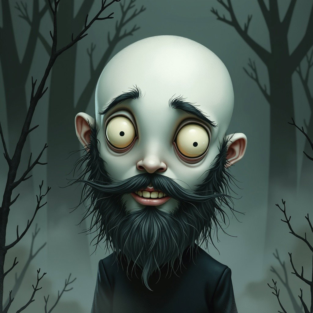 A whimsical Tim Burton style illustration of a pale white bald man with a dark black and gray beard