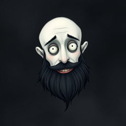 A whimsical Tim Burton style illustration featuring a pale white bald man with a dark black and gray beard