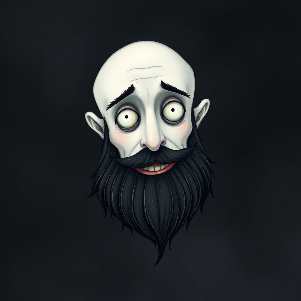 A whimsical Tim Burton style illustration featuring a pale white bald man with a dark black and gray beard