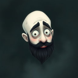 A whimsical Tim Burton style illustration featuring a pale white bald man with a dark black and gray beard