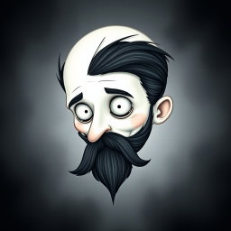 A whimsical Tim Burton style illustration featuring a pale white bald man with a dark black and gray beard