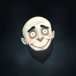 A whimsical Tim Burton style illustration featuring a pale white bald man with a dark black and gray beard