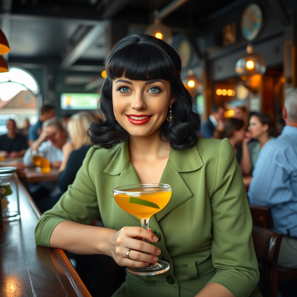 A beautiful woman with black hair styled in bangs and bright blue eyes, sitting at a bar near the Dublinia Museum in Ireland