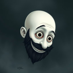 A whimsical Tim Burton style illustration of a pale white bald man featuring a dark black and gray beard