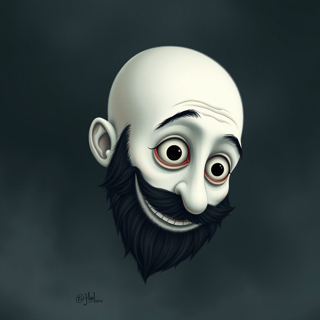 A whimsical Tim Burton style illustration of a pale white bald man featuring a dark black and gray beard