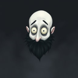 A whimsical Tim Burton style illustration of a pale white bald man featuring a dark black and gray beard