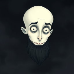 A whimsical Tim Burton style illustration of a pale white bald man featuring a dark black and gray beard