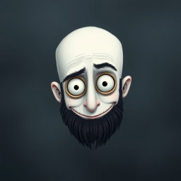 A whimsical Tim Burton style illustration of a pale white bald man featuring a dark black and gray beard