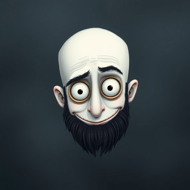 A whimsical Tim Burton style illustration of a pale white bald man featuring a dark black and gray beard
