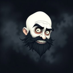 A whimsical Tim Burton style illustration depicting a pale white bald man with a dark black and gray beard