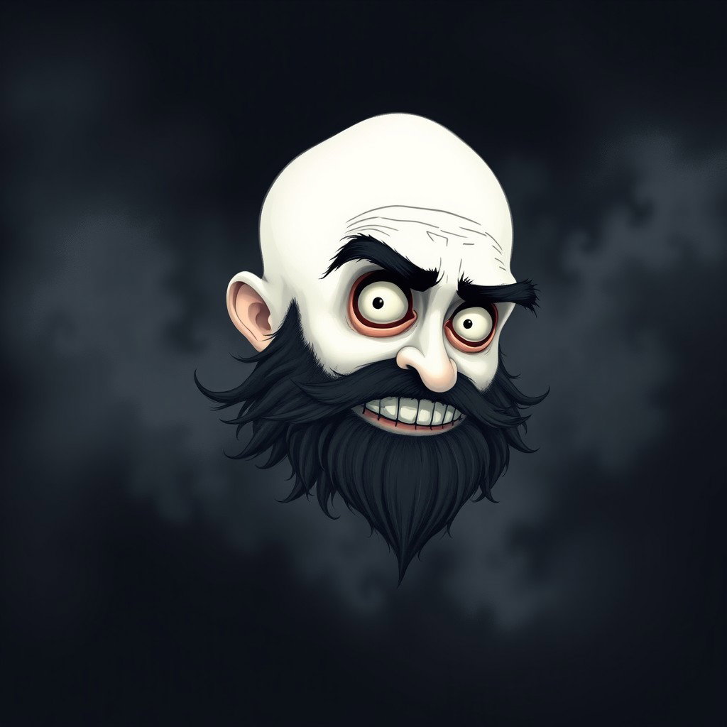 A whimsical Tim Burton style illustration depicting a pale white bald man with a dark black and gray beard
