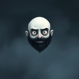 A whimsical Tim Burton style illustration depicting a pale white bald man with a dark black and gray beard