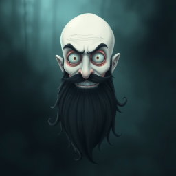 A whimsical Tim Burton style illustration depicting a pale white bald man with a dark black and gray beard