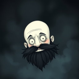 A whimsical Tim Burton style illustration depicting a pale white bald man with a dark black and gray beard