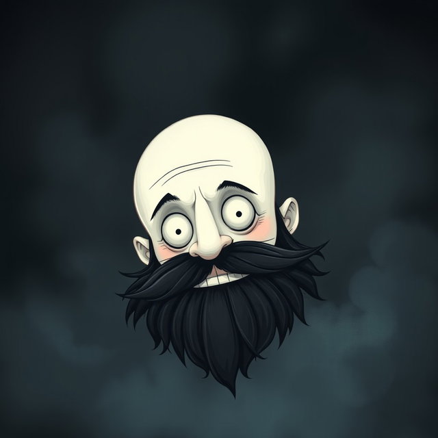 A whimsical Tim Burton style illustration depicting a pale white bald man with a dark black and gray beard