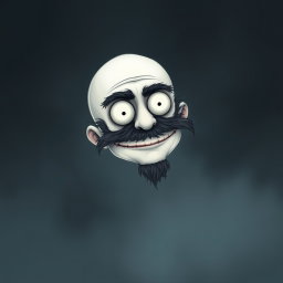 A whimsical Tim Burton style illustration of a pale white bald man adorned with a dark black and gray beard