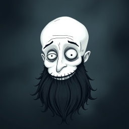 A whimsical Tim Burton style illustration of a pale white bald man adorned with a dark black and gray beard