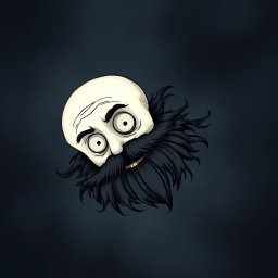 A whimsical Tim Burton style illustration of a pale white bald man adorned with a dark black and gray beard