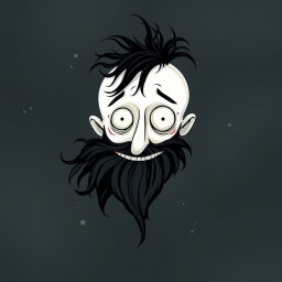A whimsical Tim Burton style illustration of a pale white bald man adorned with a dark black and gray beard