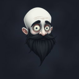 A whimsical Tim Burton style illustration featuring a pale white bald man with a dark black and gray beard