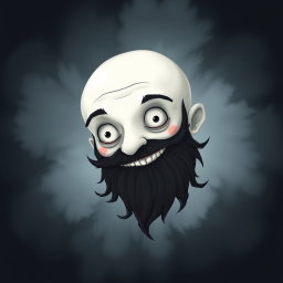 A whimsical Tim Burton style illustration featuring a pale white bald man with a dark black and gray beard