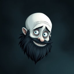 A whimsical Tim Burton style illustration featuring a pale white bald man with a dark black and gray beard