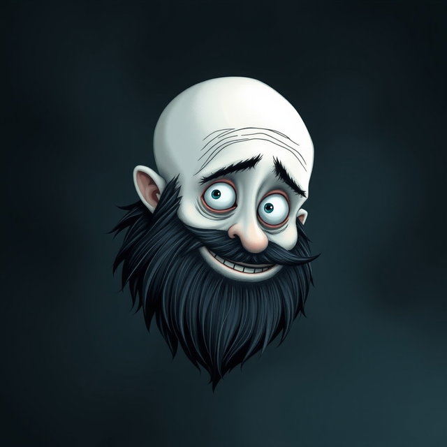 A whimsical Tim Burton style illustration featuring a pale white bald man with a dark black and gray beard
