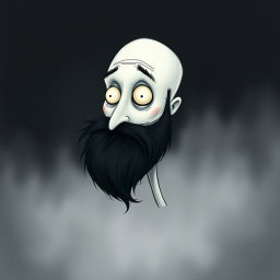 A whimsical illustration in the style of Tim Burton, featuring a pale white bald man with a dark black and gray beard