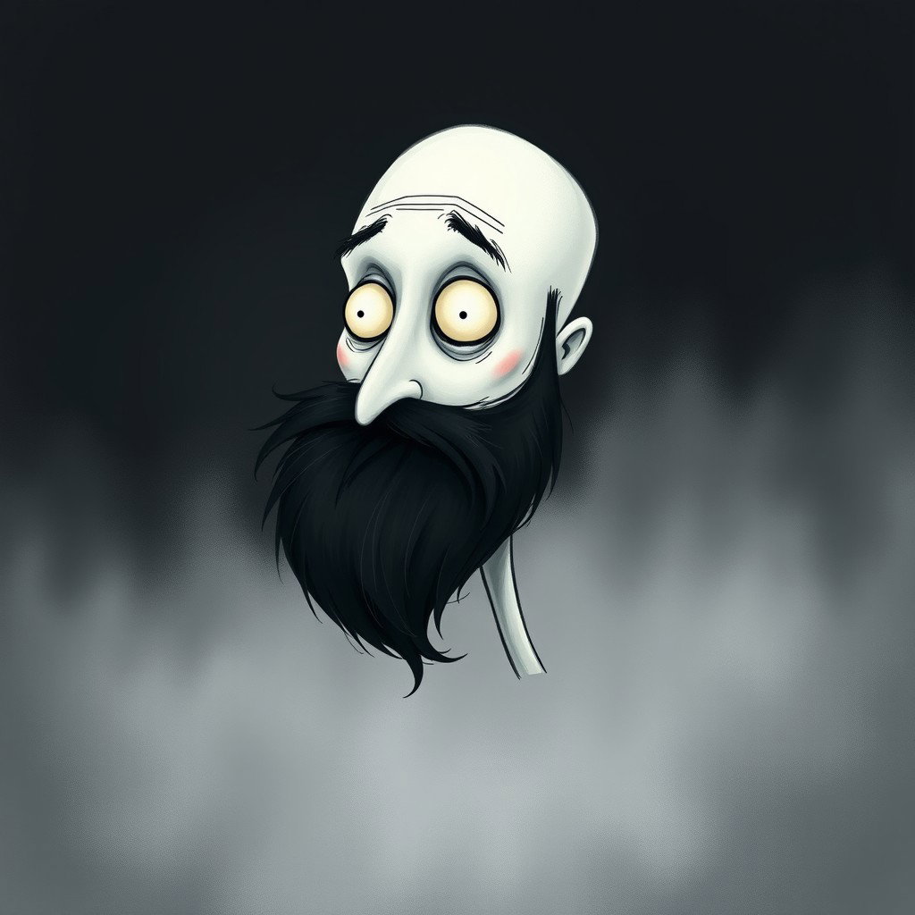 A whimsical illustration in the style of Tim Burton, featuring a pale white bald man with a dark black and gray beard