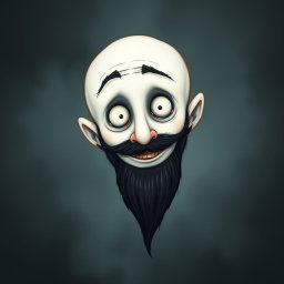 A whimsical illustration in the style of Tim Burton, featuring a pale white bald man with a dark black and gray beard