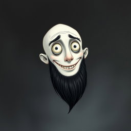 A whimsical illustration in the style of Tim Burton, featuring a pale white bald man with a dark black and gray beard