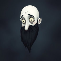 A whimsical illustration in the style of Tim Burton, featuring a pale white bald man with a dark black and gray beard