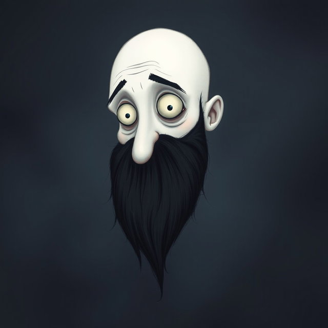 A whimsical illustration in the style of Tim Burton, featuring a pale white bald man with a dark black and gray beard