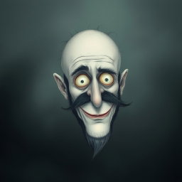 A surreal Tim Burton style illustration featuring a pale white bald man with a dark black and gray beard