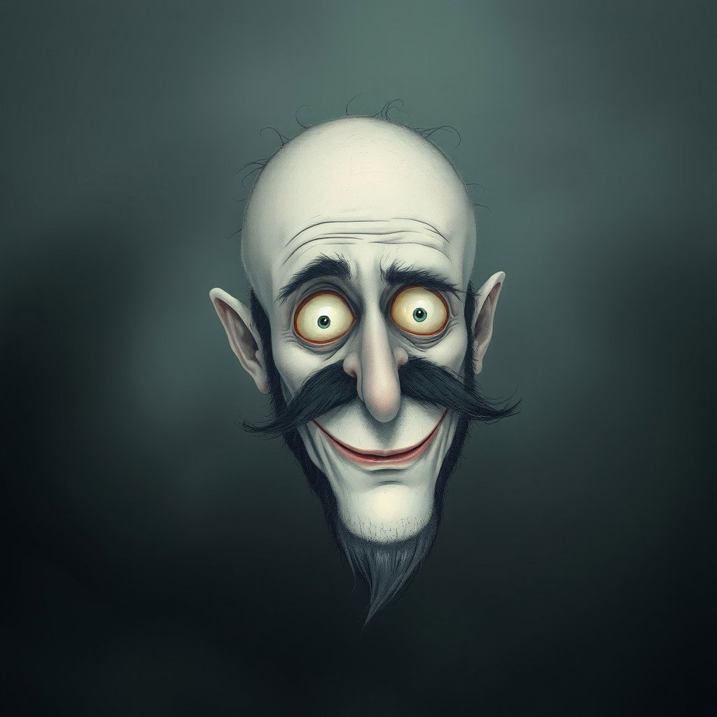 A surreal Tim Burton style illustration featuring a pale white bald man with a dark black and gray beard