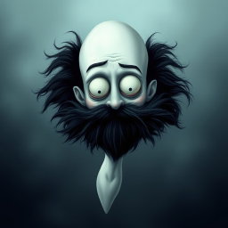 A surreal Tim Burton style illustration featuring a pale white bald man with a dark black and gray beard