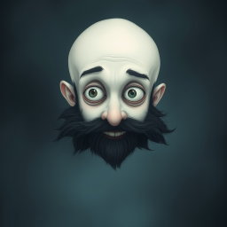 A surreal Tim Burton style illustration featuring a pale white bald man with a dark black and gray beard