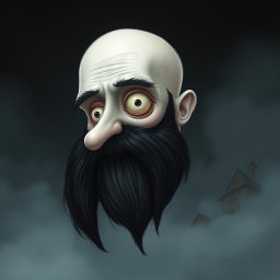 A surreal Tim Burton style illustration featuring a pale white bald man with a dark black and gray beard