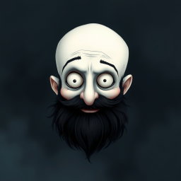 A captivating illustration in the style of Tim Burton, showcasing a pale white bald man with a dark black and gray beard