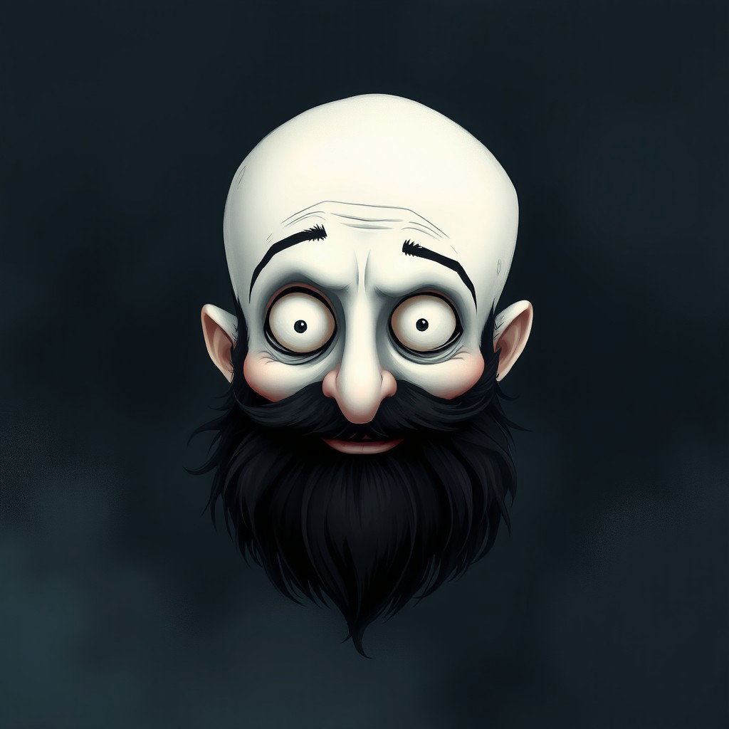 A captivating illustration in the style of Tim Burton, showcasing a pale white bald man with a dark black and gray beard