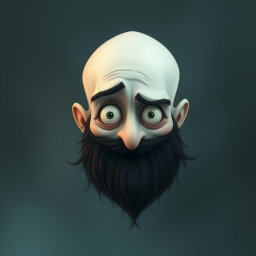 A captivating illustration in the style of Tim Burton, showcasing a pale white bald man with a dark black and gray beard