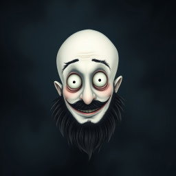 A captivating illustration in the style of Tim Burton, showcasing a pale white bald man with a dark black and gray beard