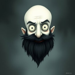 A captivating illustration in the style of Tim Burton, showcasing a pale white bald man with a dark black and gray beard