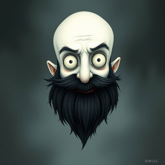 A captivating illustration in the style of Tim Burton, showcasing a pale white bald man with a dark black and gray beard