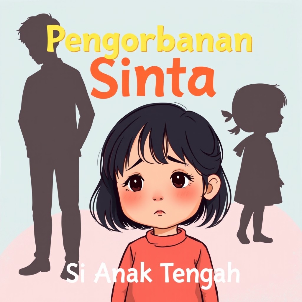 An illustration of a contemplative little girl named Sinta, showing a slightly sad expression, positioned between two silhouettes of other children (an older sibling and a younger sibling) who appear more dominant, representing her position as a middle child who often feels overlooked