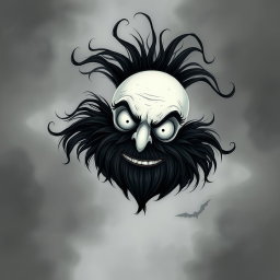 An imaginative illustration in the iconic Tim Burton style, featuring a pale white bald man adorned with a dark black and gray beard